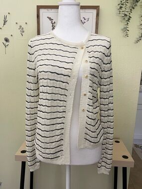 Korean Asymmetrical Cream Striped Button-Up Knit Sweater Cardigan